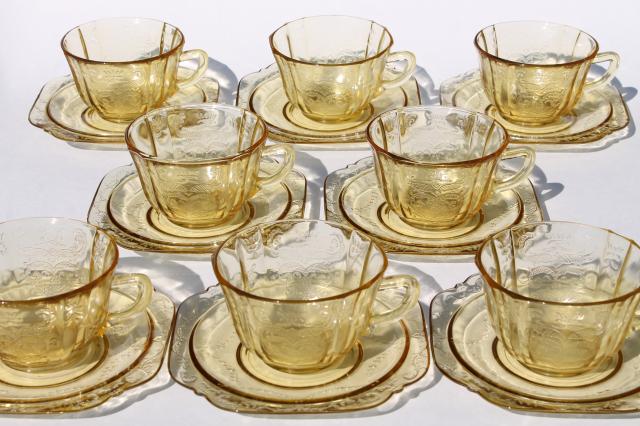 photo of Patrician pattern vintage yellow depression glass tea cups & saucers set of 8 #2