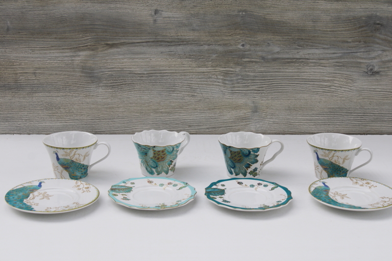 photo of Peacock Garden & Eliza teal and turquoise 222 Fifth china tea cups & saucers, boho flowers & peacocks #1