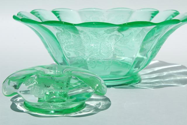 photo of Peacock & Rose art deco vintage vaseline green uranium glass candle flower bowl set #4