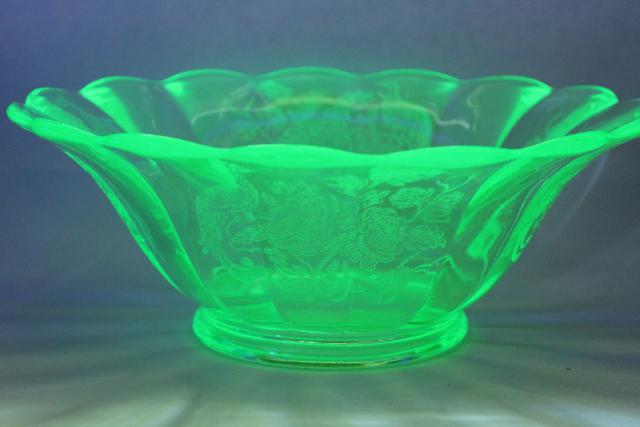 photo of Peacock & Rose art deco vintage vaseline green uranium glass candle flower bowl set #6