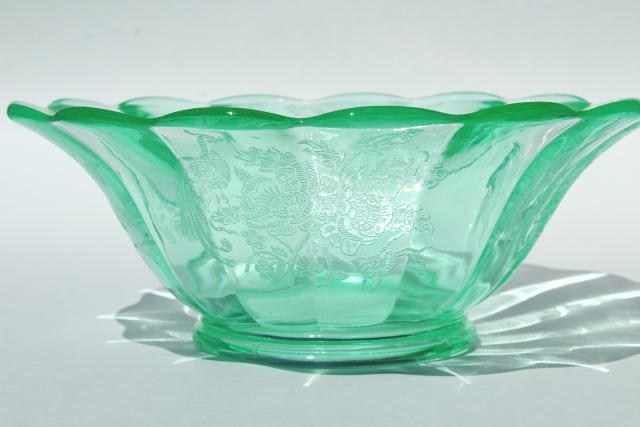 photo of Peacock & Rose art deco vintage vaseline green uranium glass candle flower bowl set #7