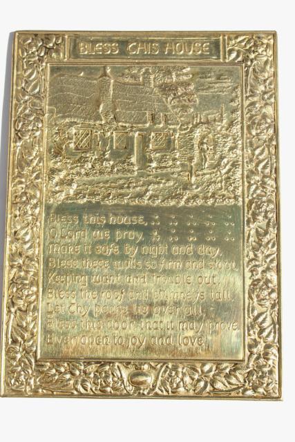 photo of Peerage wall plaque Bless the House motto, vintage embossed brass made in England #1