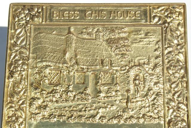 photo of Peerage wall plaque Bless the House motto, vintage embossed brass made in England #3