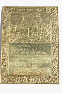 catalog photo of Peerage wall plaque Bless the House motto, vintage embossed brass made in England