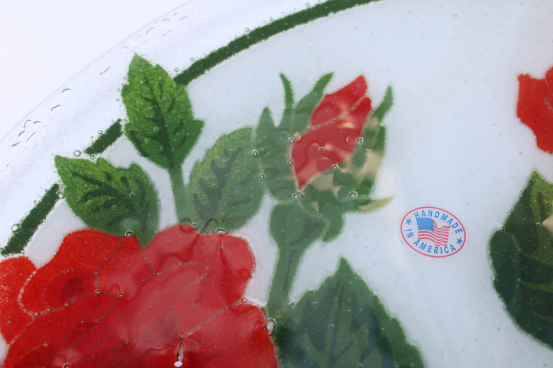 photo of Peggy Karr fused glass plate w/ red roses, vintage art glass, original label  #2