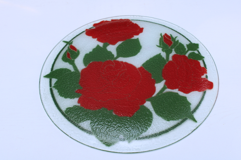 photo of Peggy Karr fused glass plate w/ red roses, vintage art glass, original label  #4