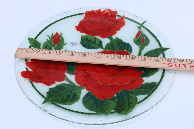 photo of Peggy Karr fused glass plate w/ red roses, vintage art glass, original label  #5