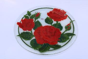 catalog photo of Peggy Karr fused glass plate w/ red roses, vintage art glass, original label 