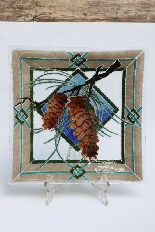 photo of Peggy Karr fused glass tray, brown pinecones green blue tan border vintage art glass square plate  #1