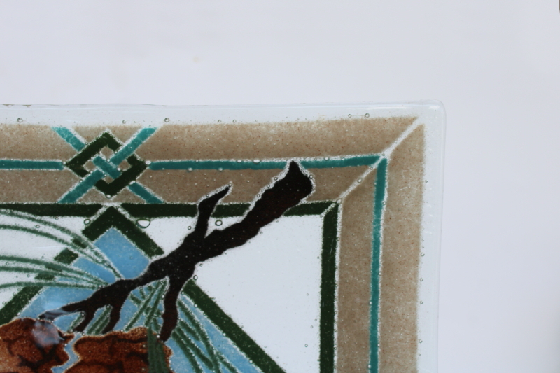 photo of Peggy Karr fused glass tray, brown pinecones green blue tan border vintage art glass square plate  #2