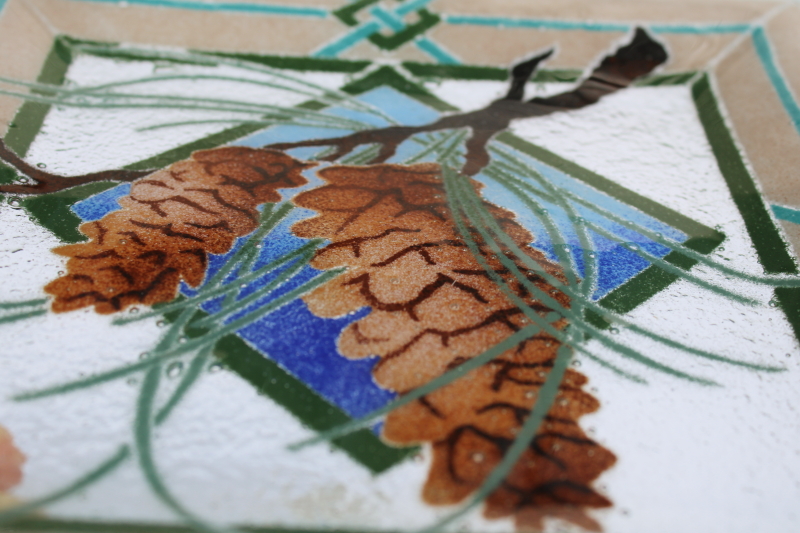 photo of Peggy Karr fused glass tray, brown pinecones green blue tan border vintage art glass square plate  #3