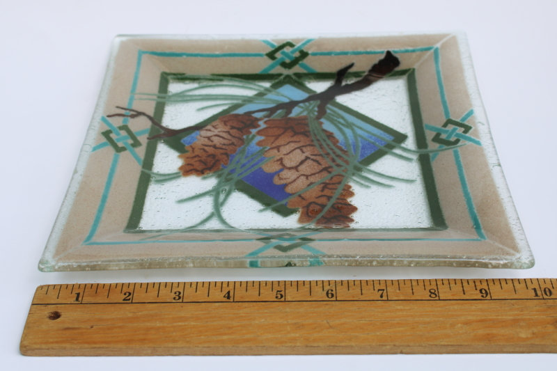 photo of Peggy Karr fused glass tray, brown pinecones green blue tan border vintage art glass square plate  #4
