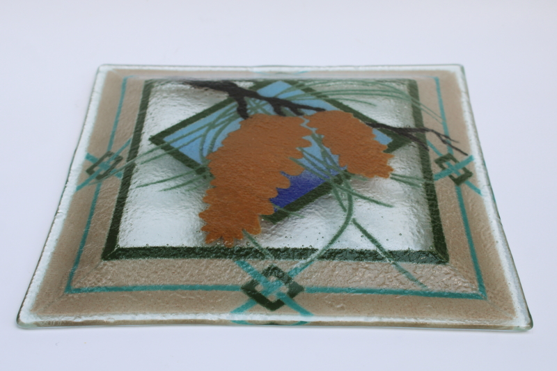photo of Peggy Karr fused glass tray, brown pinecones green blue tan border vintage art glass square plate  #5