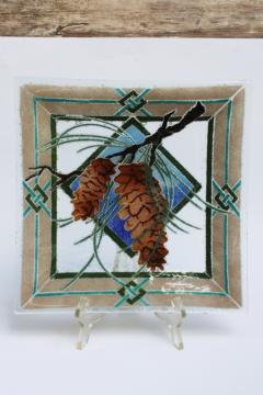 catalog photo of Peggy Karr fused glass tray, brown pinecones green blue tan border vintage art glass square plate 