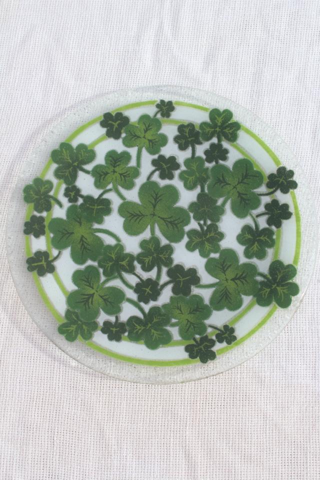 photo of Peggy Karr glass platter or plate, shamrocks green clover serving tray #1