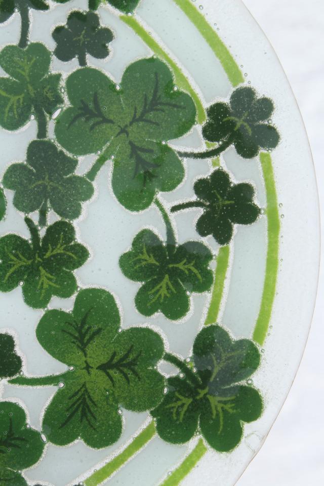 photo of Peggy Karr glass platter or plate, shamrocks green clover serving tray #5