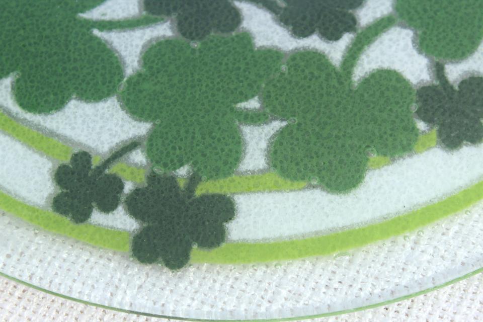 photo of Peggy Karr glass platter or plate, shamrocks green clover serving tray #9