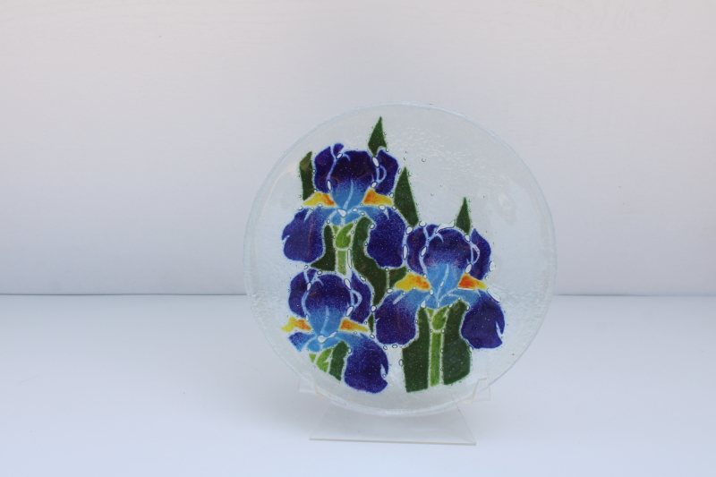 photo of Peggy Karr signed fused art glass plate, blue iris flowers  #1