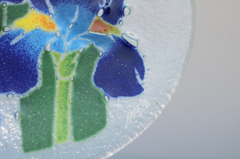 photo of Peggy Karr signed fused art glass plate, blue iris flowers  #2