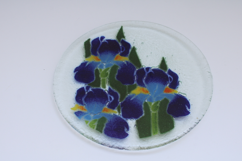 photo of Peggy Karr signed fused art glass plate, blue iris flowers  #3