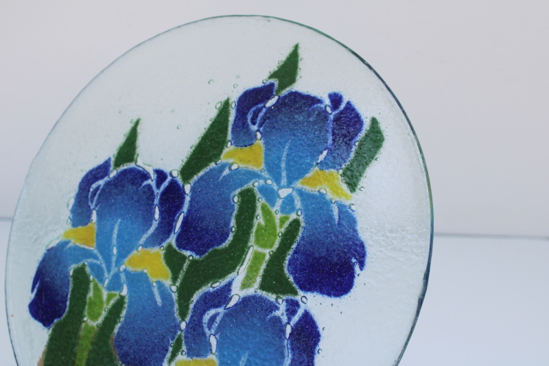 photo of Peggy Karr signed fused art glass plate, blue iris flowers  #4