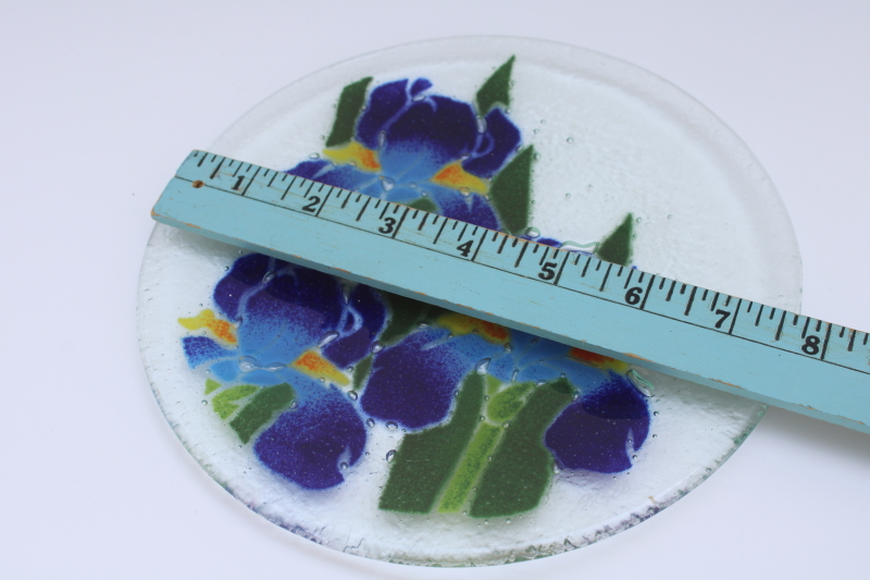 photo of Peggy Karr signed fused art glass plate, blue iris flowers  #5