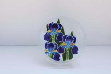 Peggy Karr signed fused art glass plate, blue iris flowers 