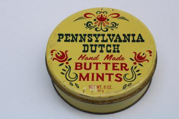 catalog photo of Pennsylvania Dutch Handmade Butter Mints vintage candy tin w/ folk art flowers on yellow