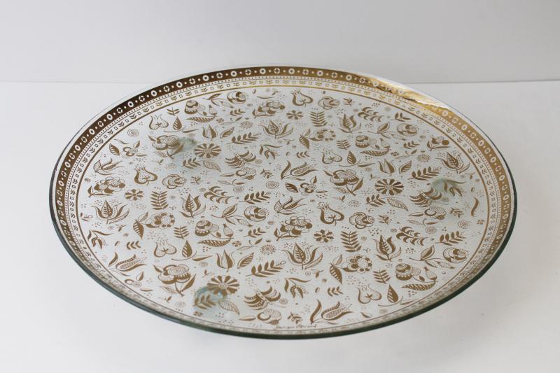 photo of Persian Garden vintage Briard gold paisley print glass tray, large round footed plate #3