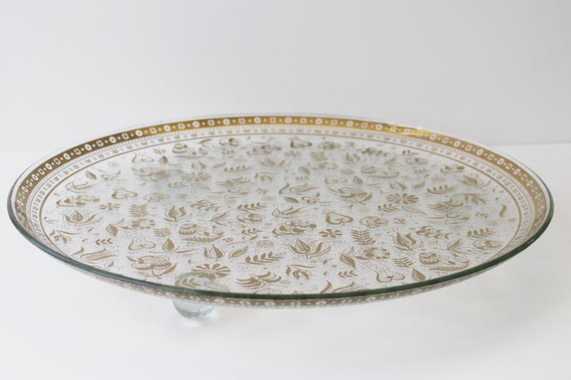 photo of Persian Garden vintage Briard gold paisley print glass tray, large round footed plate #6