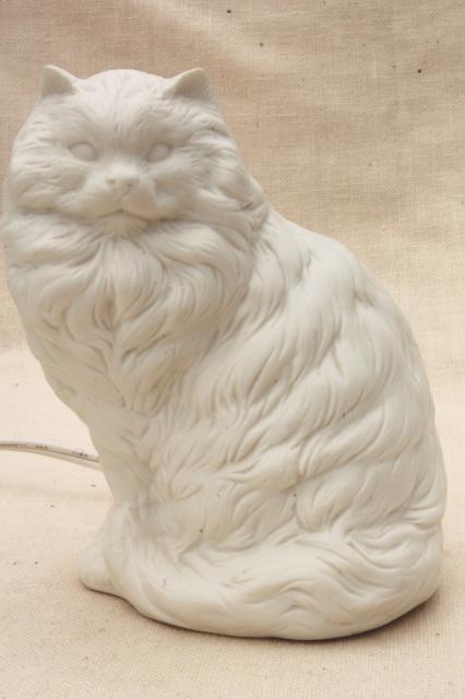 photo of Persian cat pure white bisque china nightlight, 80s vintage Enesco label #3