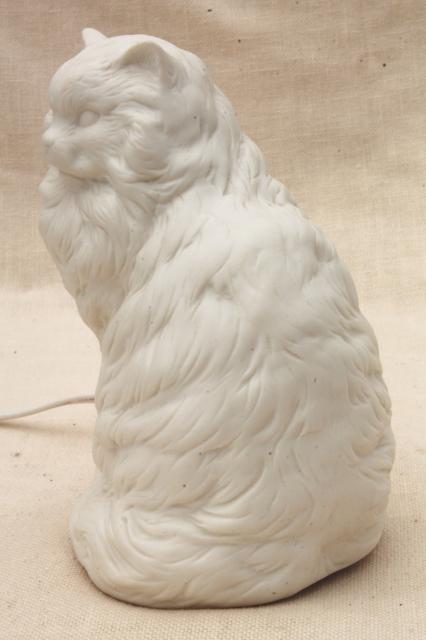 photo of Persian cat pure white bisque china nightlight, 80s vintage Enesco label #4