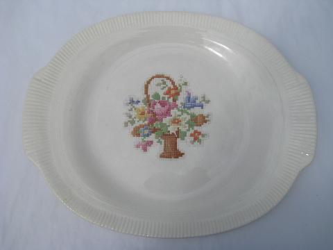 photo of Petitpoint flower basket pattern, vintage Salem pottery Victory tab-handled platter #1