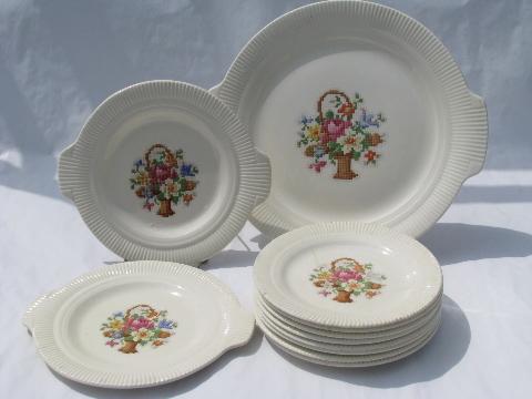 photo of Petitpoint flower basket pattern, vintage Salem pottery dishes, Victory shape #1