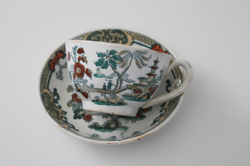 photo of Petrus Regout vintage transferware cup & saucer, Chinese export style chinoiserie Pekin red & green #4