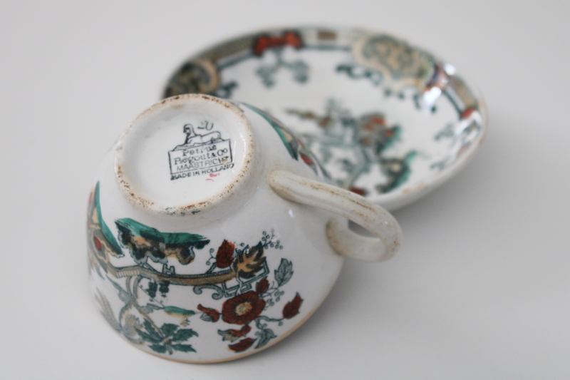 photo of Petrus Regout vintage transferware cup & saucer, Chinese export style chinoiserie Pekin red & green #6