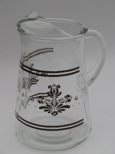 photo of Pfaltzgraff Village pattern pitcher, brown print kitchen glass #1