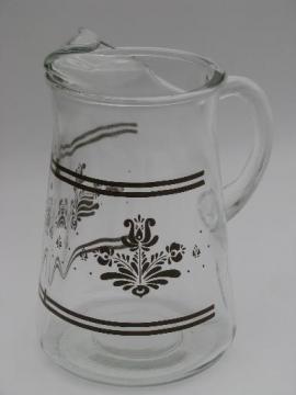 catalog photo of Pfaltzgraff Village pattern pitcher, brown print kitchen glass