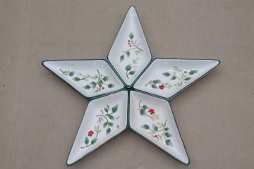 catalog photo of Pfaltzgraff Winterberry holly five part relish set, dishes form Christmas star shape