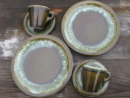 photo of Pfaltzgraff copper green drip stoneware pottery plates, cups and saucers #1