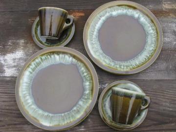 catalog photo of Pfaltzgraff copper green drip stoneware pottery plates, cups and saucers