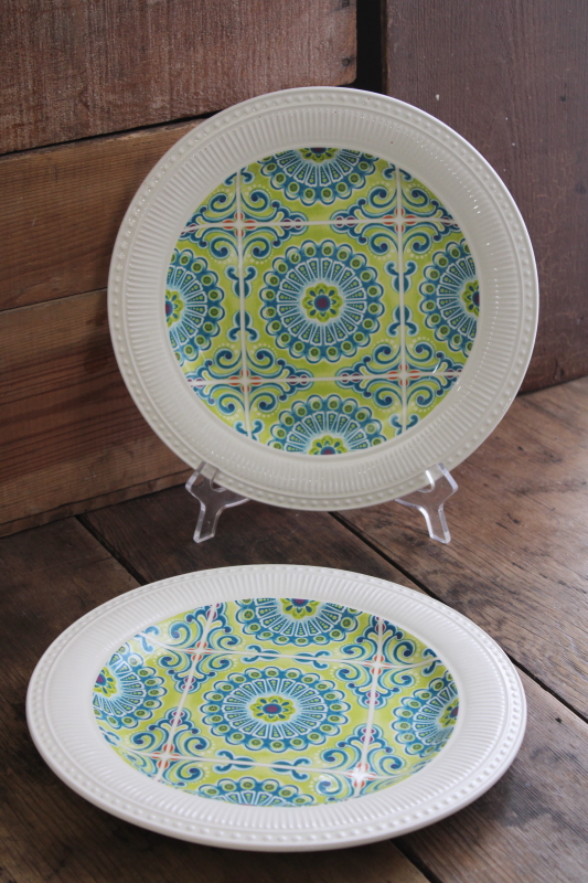 photo of Pier 1 Atlas ironstone china dinner plates never used, tile pattern in lime green & blue #1
