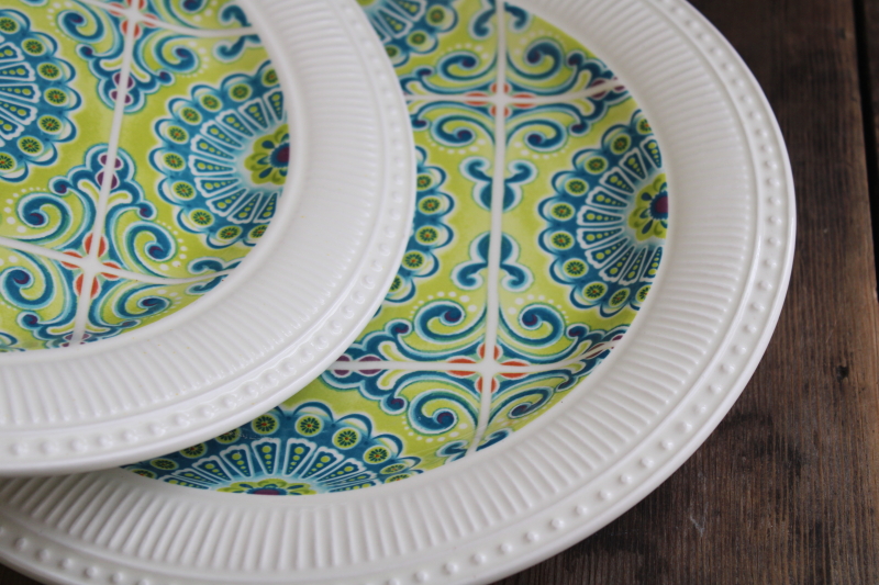 photo of Pier 1 Atlas ironstone china dinner plates never used, tile pattern in lime green & blue #3