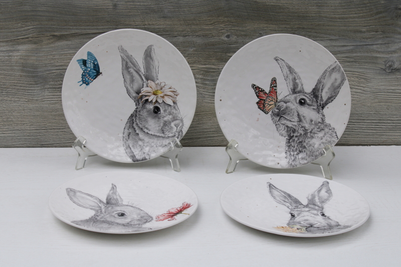 photo of Pier 1 Easter bunny pattern dishes, ceramic salad plates w/ spring flowers, butterflies & rabbits #1