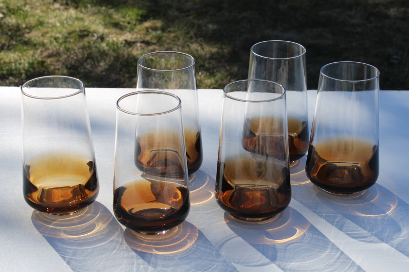 photo of Pier 1 Elemental amber brown smoke hand blown glass tumblers, tall highball drinking glasses #1