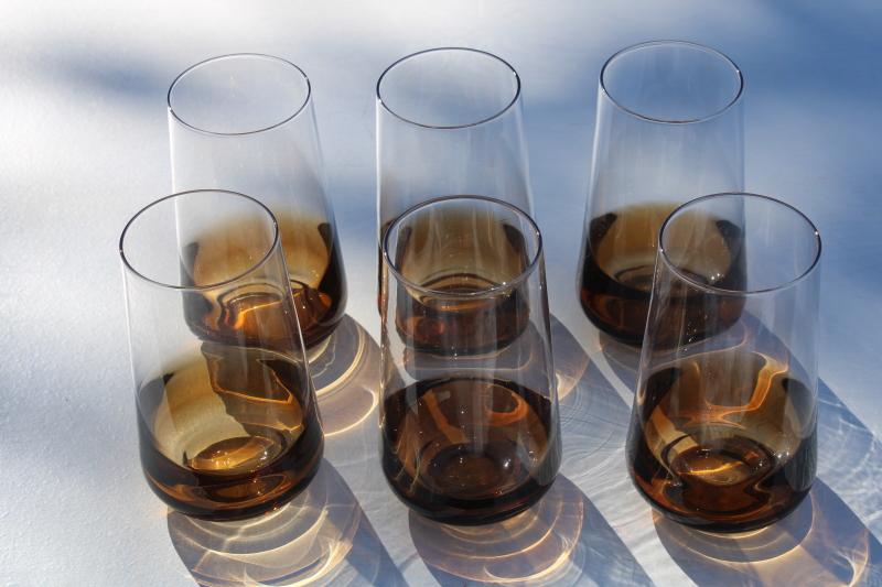 photo of Pier 1 Elemental amber brown smoke hand blown glass tumblers, tall highball drinking glasses #2