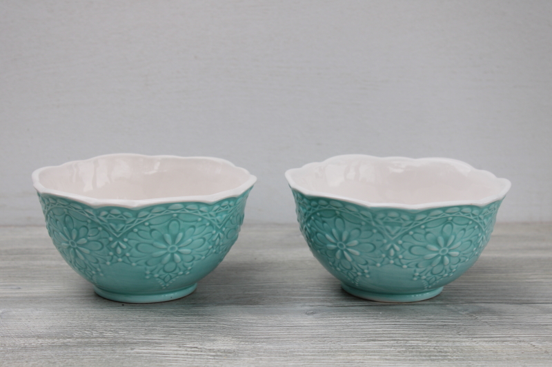 photo of Pier 1 Lacy aqua blue & white deep bowls for soup or cereal, hand painted Italian style ceramic w/ embossed design #1