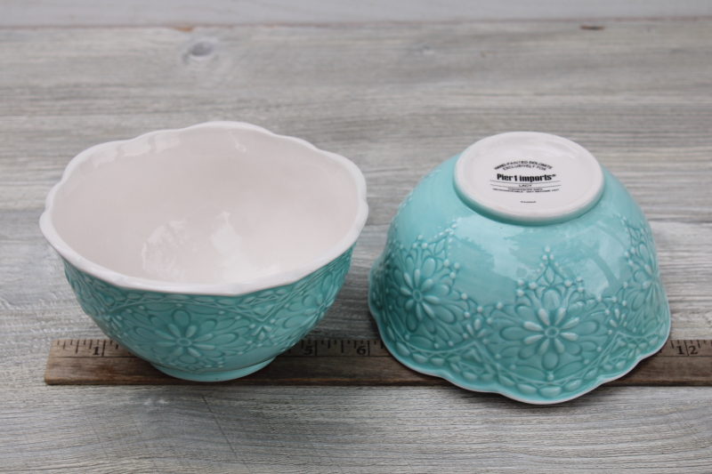 photo of Pier 1 Lacy aqua blue & white deep bowls for soup or cereal, hand painted Italian style ceramic w/ embossed design #2