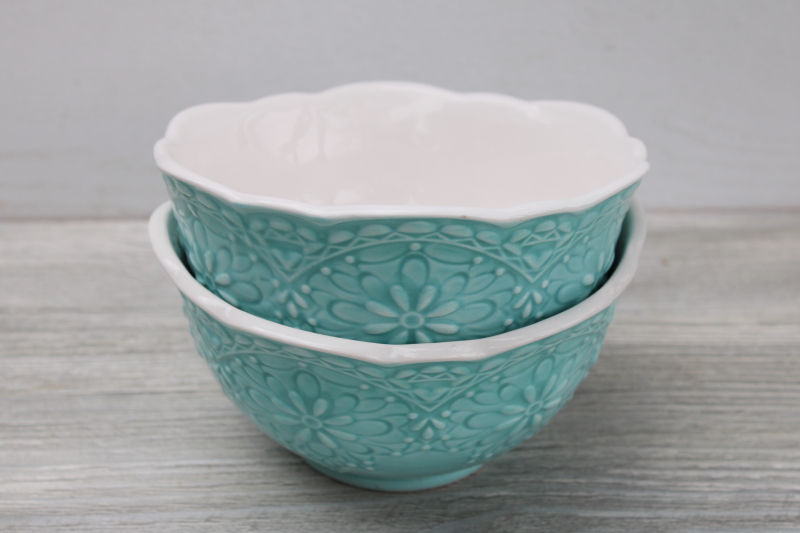 photo of Pier 1 Lacy aqua blue & white deep bowls for soup or cereal, hand painted Italian style ceramic w/ embossed design #4