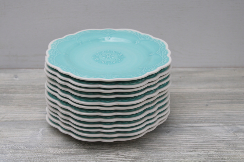 photo of Pier 1 Lacy aqua blue & white salad plates set of 12, hand painted Italian style ceramic w/ embossed design #1